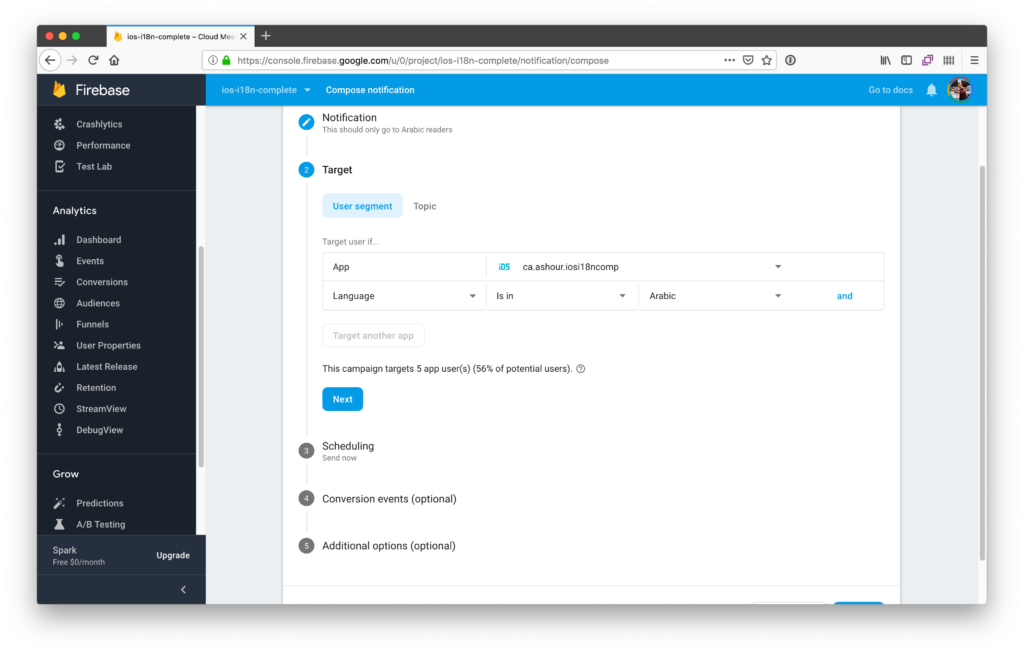 Targeted notification message via the Firebase Console | Phrase