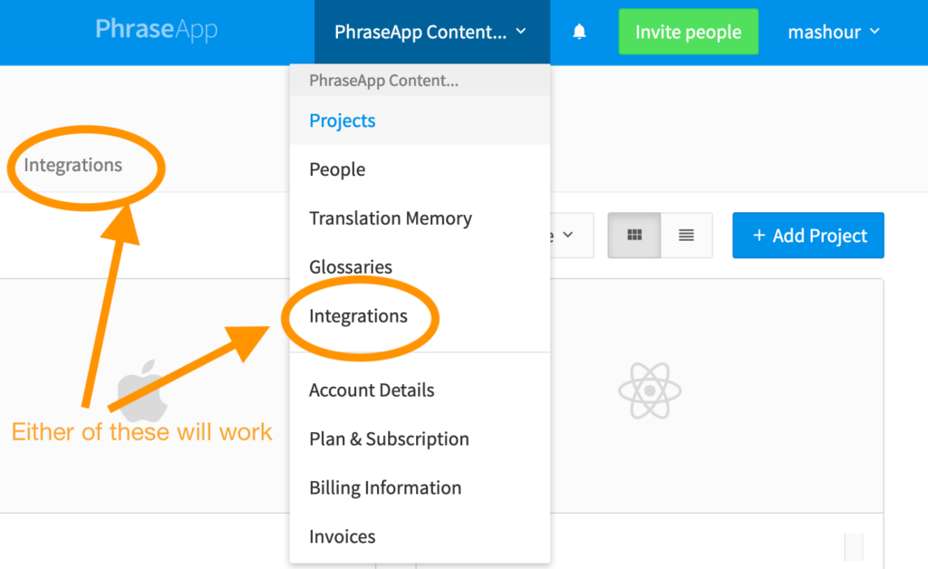 Abriendo el menú de Integraciones en Phrase | Phrase 