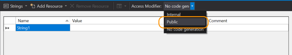 Click the Access Modifier dropdown and select Public | Phrase