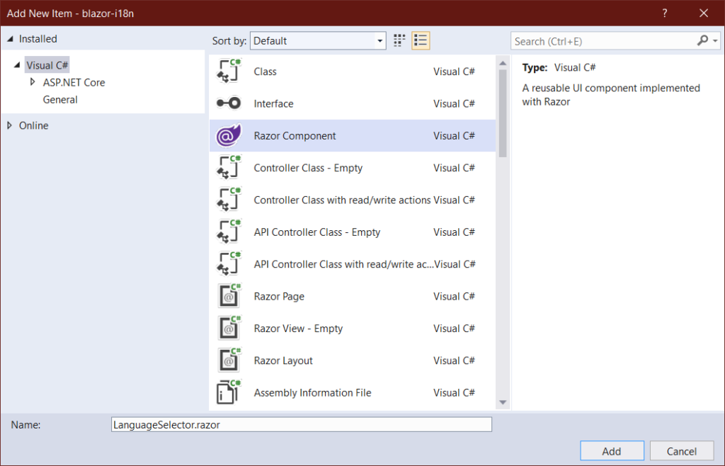 Adding LanguageSelector.razor | Phrase