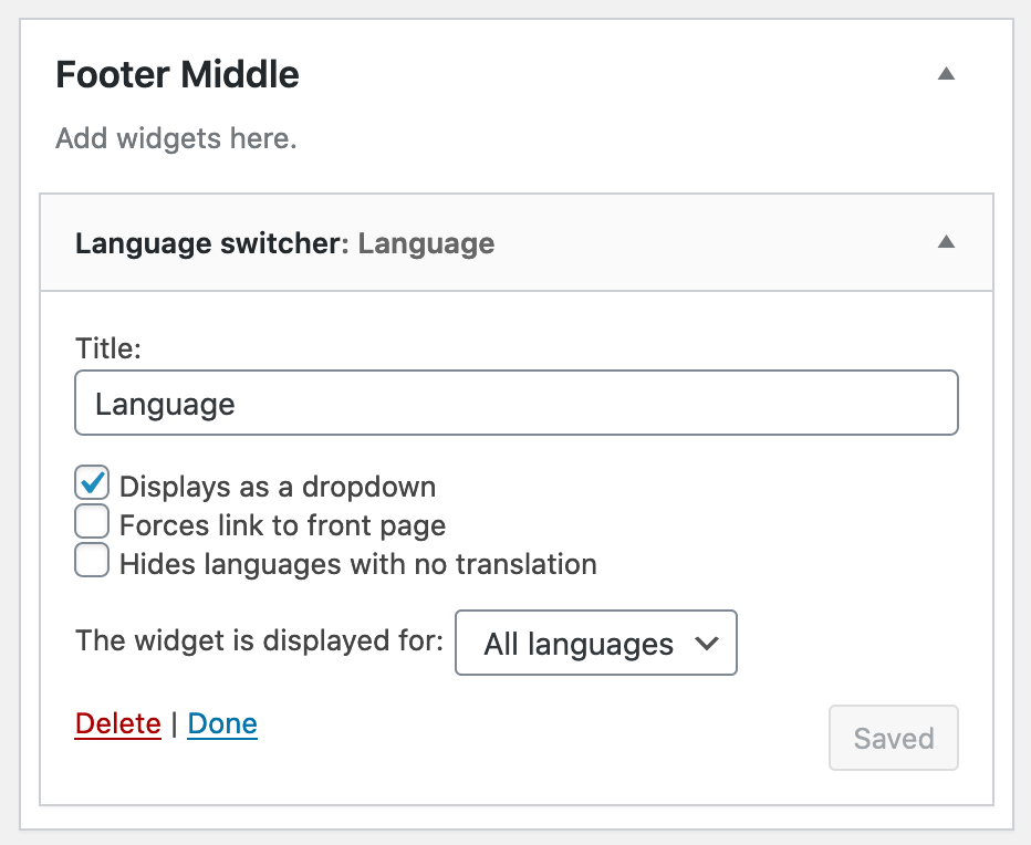 Configuraciones del conmutador de idioma en la sección Footer Middle | Phrase