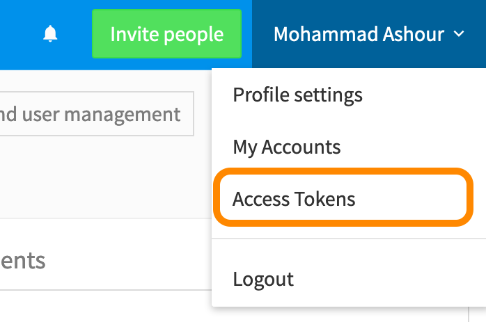 Elemento del menú de tokens de acceso en el menú desplegable de Phrase | Phrase
