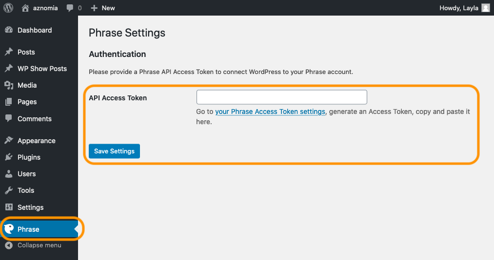 Ingresando nuestro token de acceso API en el plugin Phrase en WordPress | Phrase