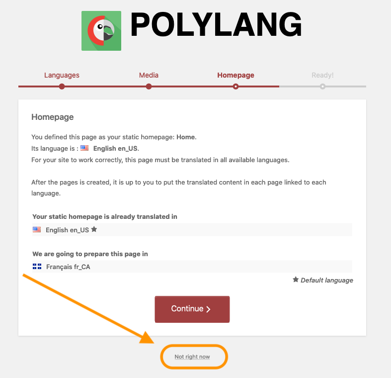 Omitiendo el paso de traducción de la página de inicio en la configuración de traducción de Polylang | Phrase