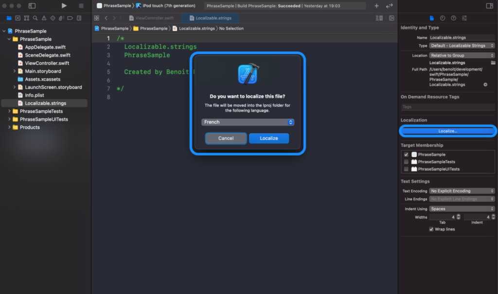 Adding a string file to the project and including a version in French and English | Phrase