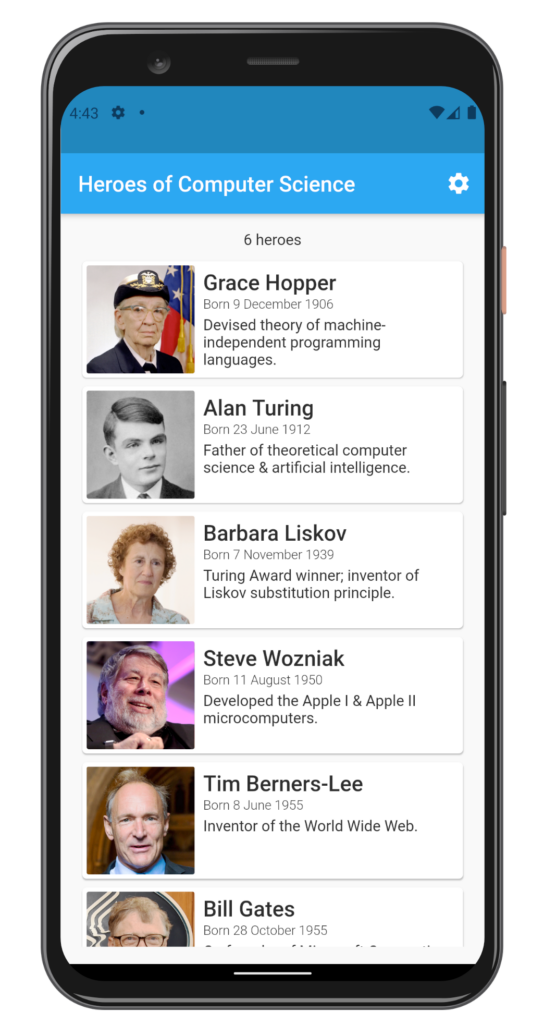 Écran d'accueil de l'application Heroes of Computer Science | Phrase