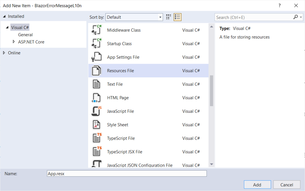 Adding resource file app.resx | Phrase