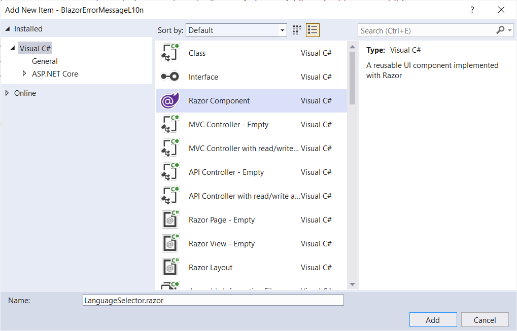 Adding LanguageSelector.razor | Phrase