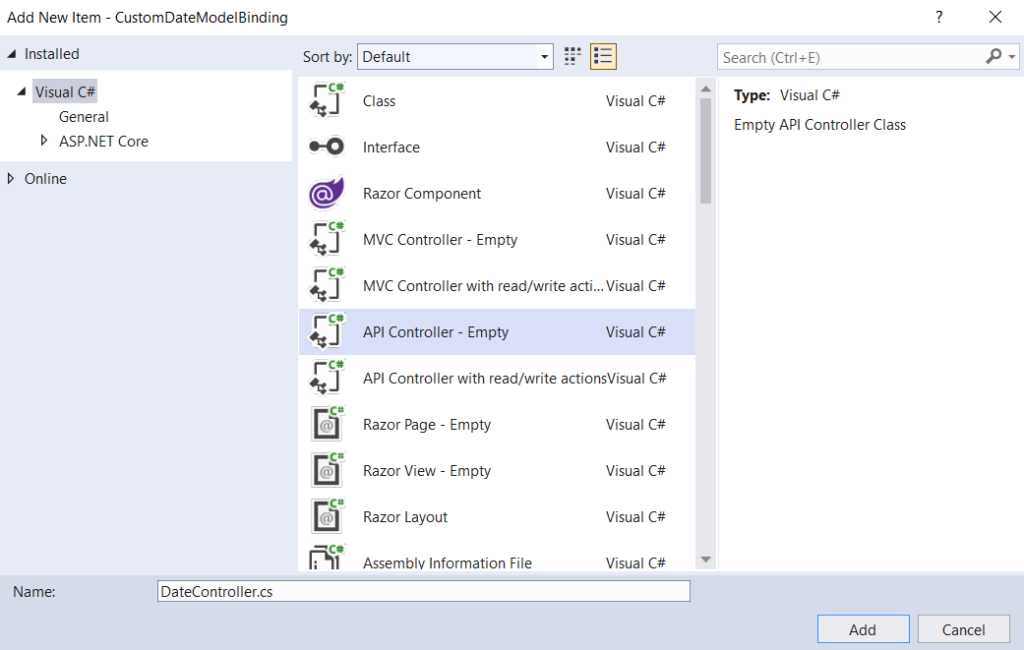 Select “API Controller-Empty” | Phrase