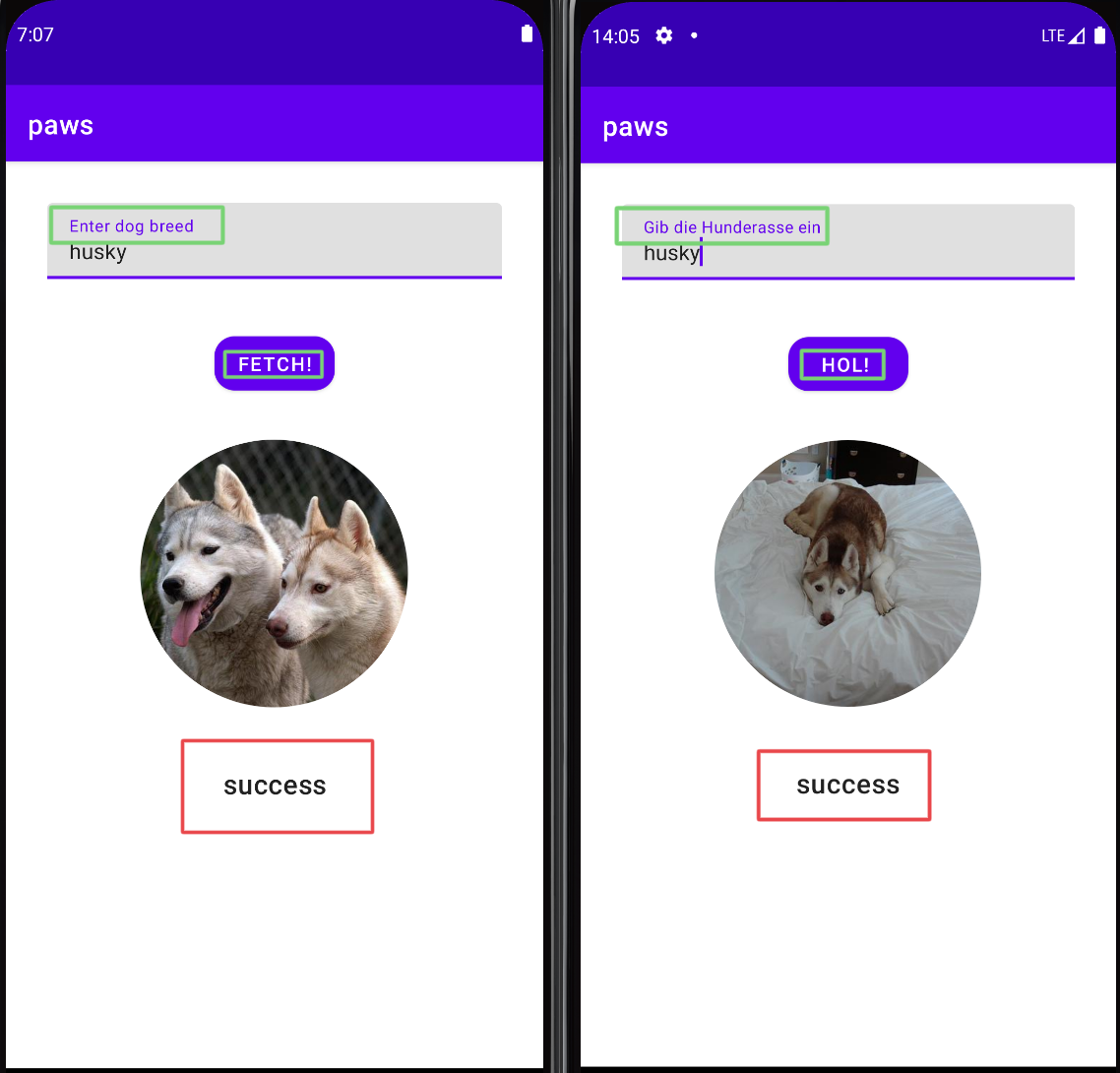 English and German demo app version next to each other without translation | Phrase