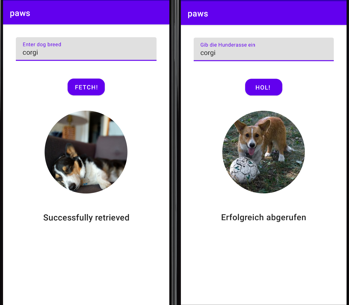 English and German demo app version next to each other with translation | Phrase