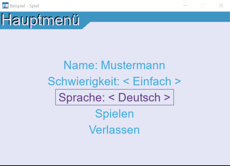 Our game's main menu UI in German