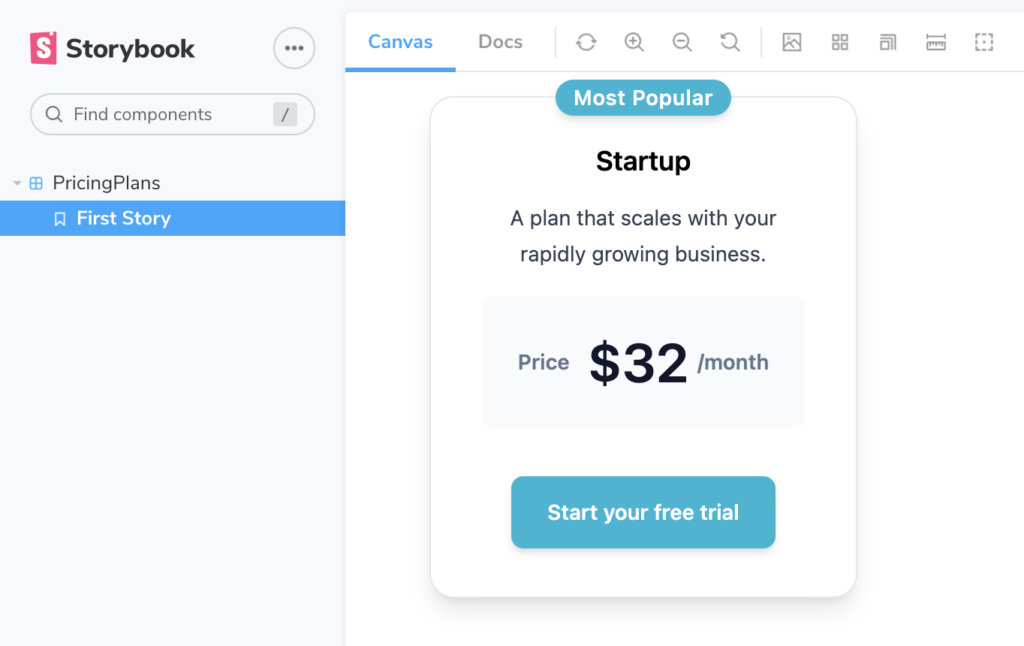 Pricing plan component in Storybook | Phrase
