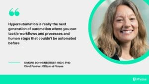 "Image of Simone Bohnenberger-Rich, smiling, with a quote about hyperautomation stating it's the next generation of automation that can handle previously non-automatable human tasks. She is identified as the Chief Product Officer at Phrase, with the logo of Phrase in the corner."