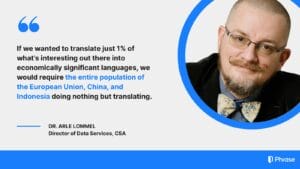 Image of Dr. Arle Lommel, wearing glasses and a bow tie, smiling. The quote beside him highlights the immense scale required for translating just 1% of interesting content into economically significant languages, suggesting the combined efforts of the entire populations of the EU, China, and Indonesia dedicated solely to translation. He is identified as the Director of Data Services at CSA