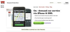 オリジナルのUberCabアプリのスクリーンショット。シンプルな地図インターフェイスに「Pick me up」ボタンが表示され、迅速な市場参入のためのMVPアプリのローカリゼーションの一例となっている。