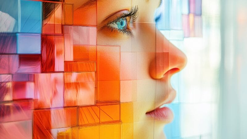 A surreal digital artwork of a woman's face seamlessly merging with geometric glass-like structures in vibrant orange and blue hues, symbolizing the fusion of humanity and technology