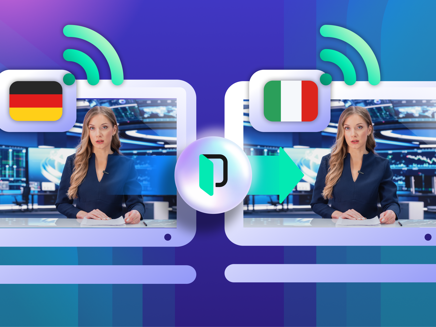 Illustration of synthetic voice technology with waveform and speech bubbles representing AI-generated speech.
