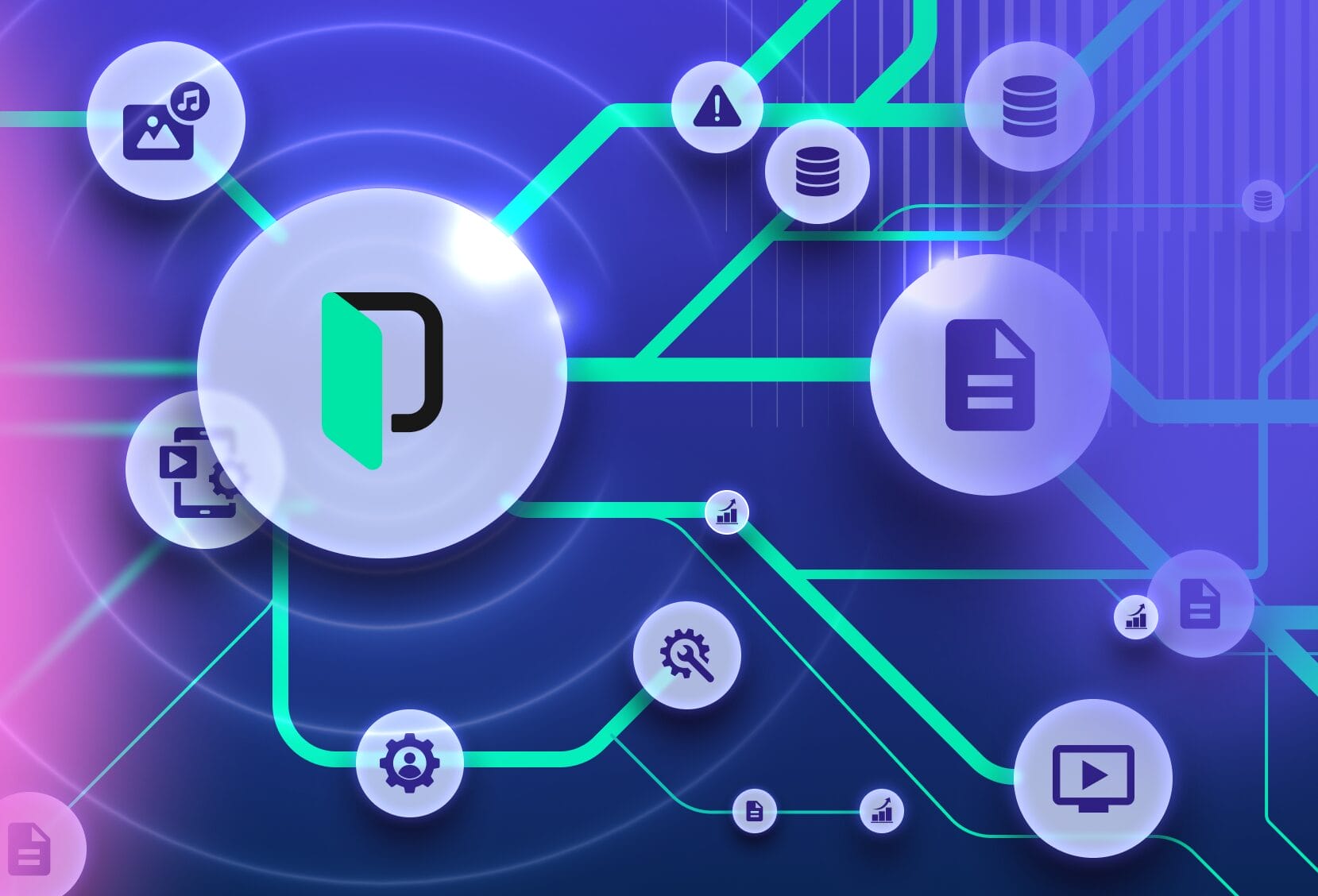 Illustration of scalable localization technology, featuring expanding blocks, upward arrows, and global icons to represent growth and adaptability