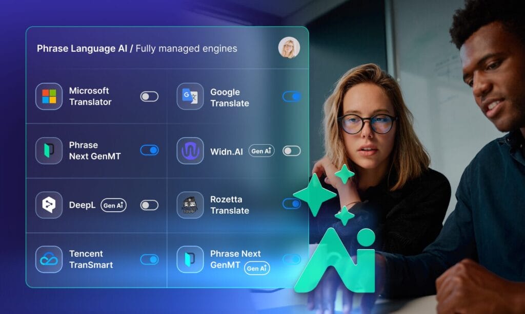 Gráfico que muestra Phrase Language AI como un centro neurálgico que conecta motores de traducción automática, agentes de IA y flujos de trabajo de calidad para mejorar la precisión y la eficiencia de la traducción.