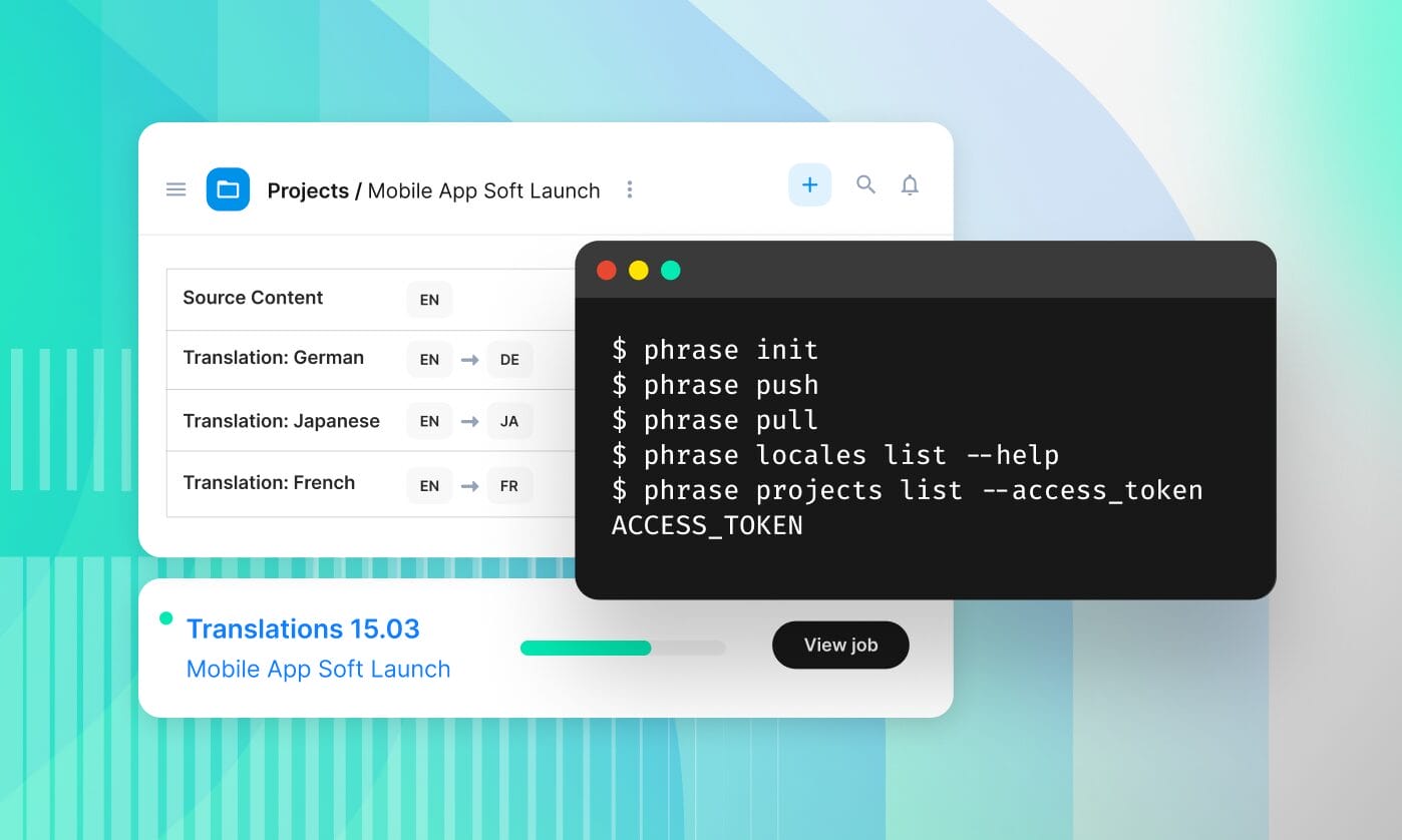 Interface en ligne de commande de Phrase Strings montrant les commandes push, pull, init et de liste de paramètres régionaux, pour des flux de travaux de localisation simplifiés.