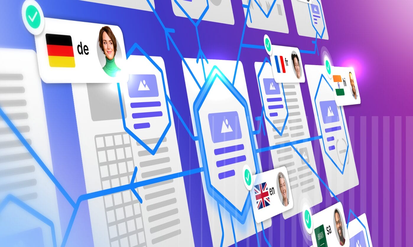 Illustration showing technical writers using Phrase to manage and localize documentation content