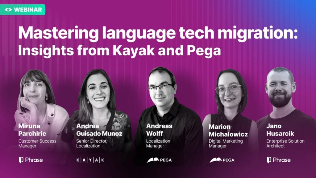 Promotional graphic for the Phrase webinar ‘Mastering Language Tech Migration’ showing session title and visual elements representing language technology.