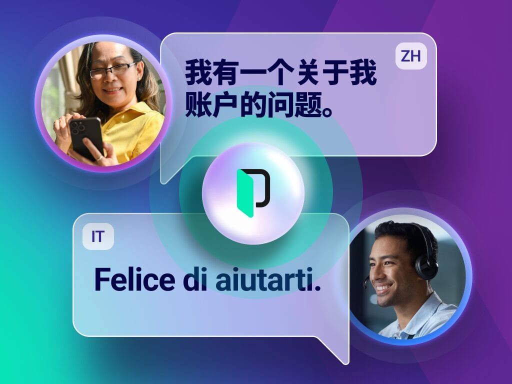 A graphic showing multilingual customer support communication bubbles with Phrase branding, including a person holding a phone and another with a headset, representing staying in your tool.