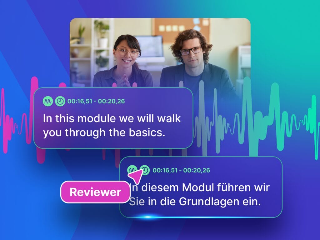 Screenshot showing two people presenting a learning module with text overlays and audio waveform graphics, illustrating support for a training video on Phrase